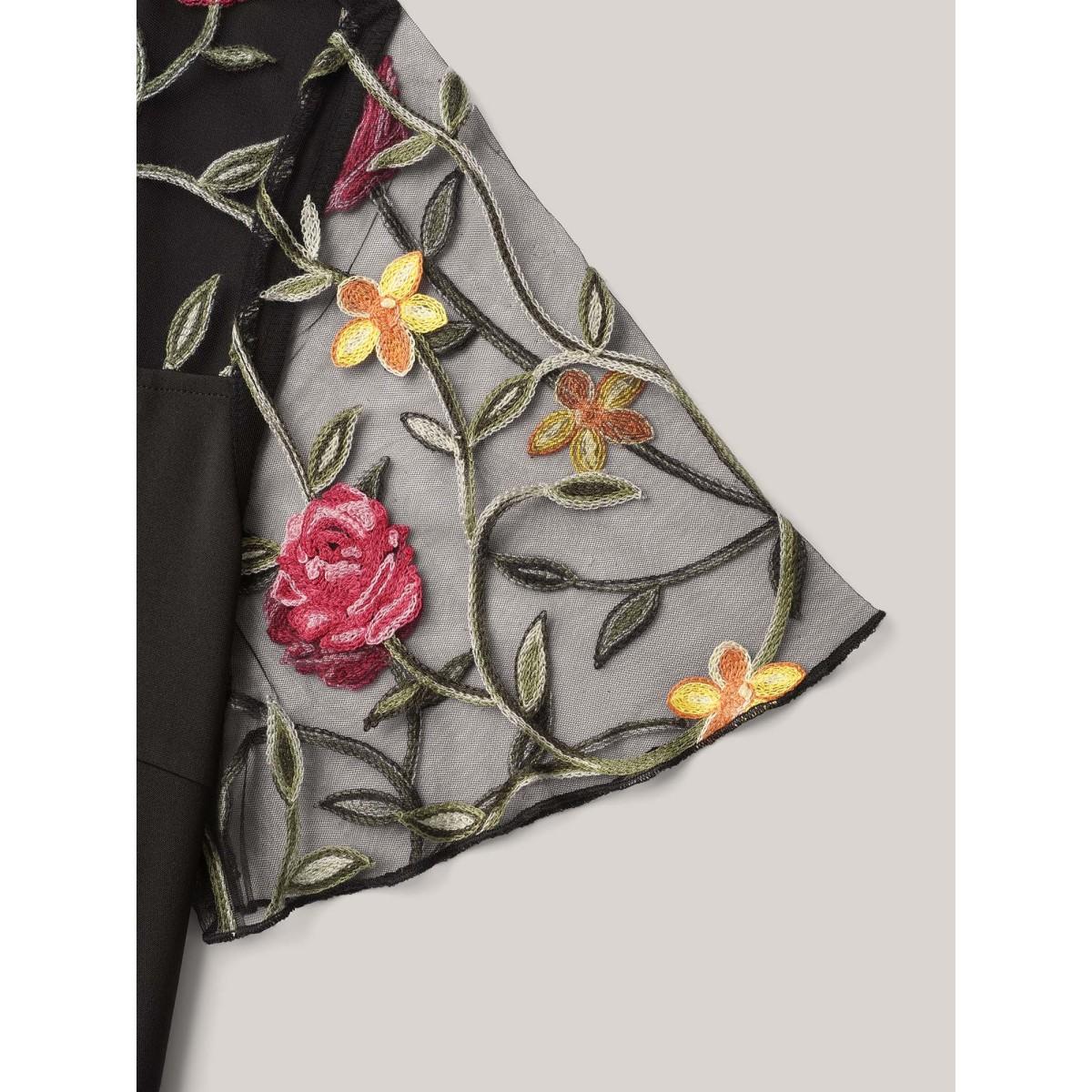 Plus Size Black Floral Mesh Embroidered Flared Jumpsuit Women Elegant Short sleeve Round Neck Everyday-Elegant Loose Jumpsuits BloomChic 10/M Product Image