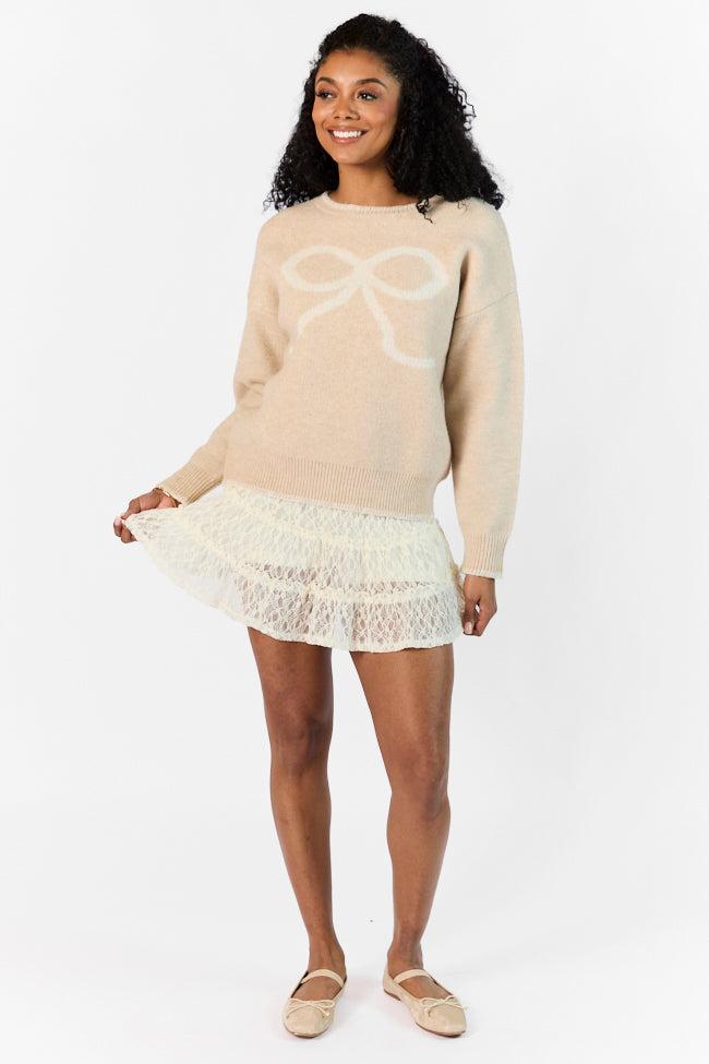 Peek- A-Bow Beige and Ivory Crew Neck Sweater FINAL SALE Product Image