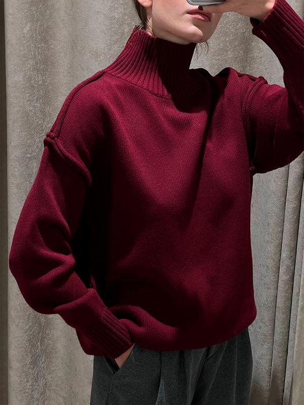 Long Sleeves Loose Solid Color Split-Joint High Neck Pullovers Sweater Tops Product Image
