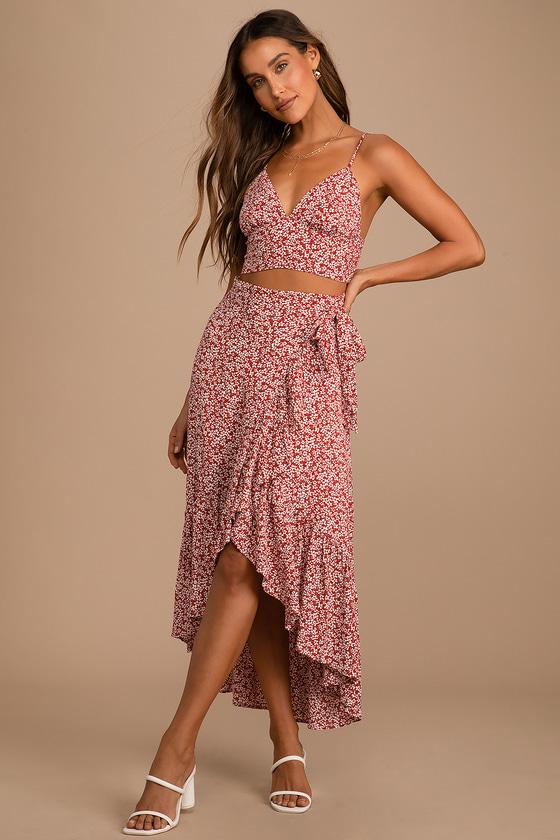 Summer Romance Rust Brown Floral Print Two-Piece Midi Dress Product Image