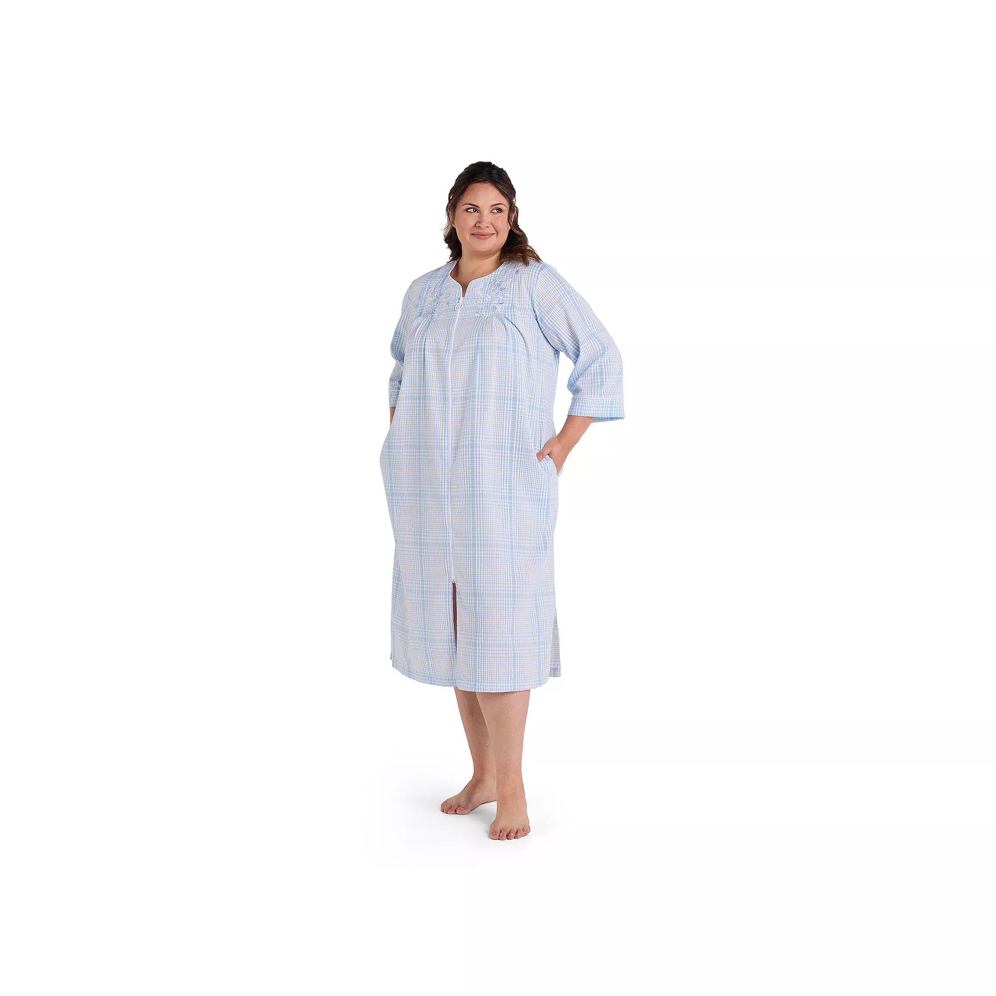 Plus Size Miss Elaine Essentials Seersucker Long Zip Robe, Women's, Size: 1XL, Blue Mint Check Product Image
