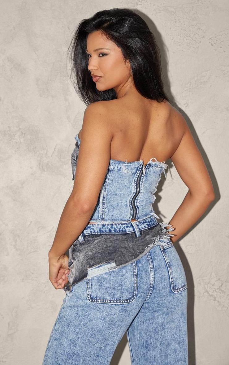 Mid Blue Acid Wash Layered Raw Hem Bandeau Denim Top Product Image
