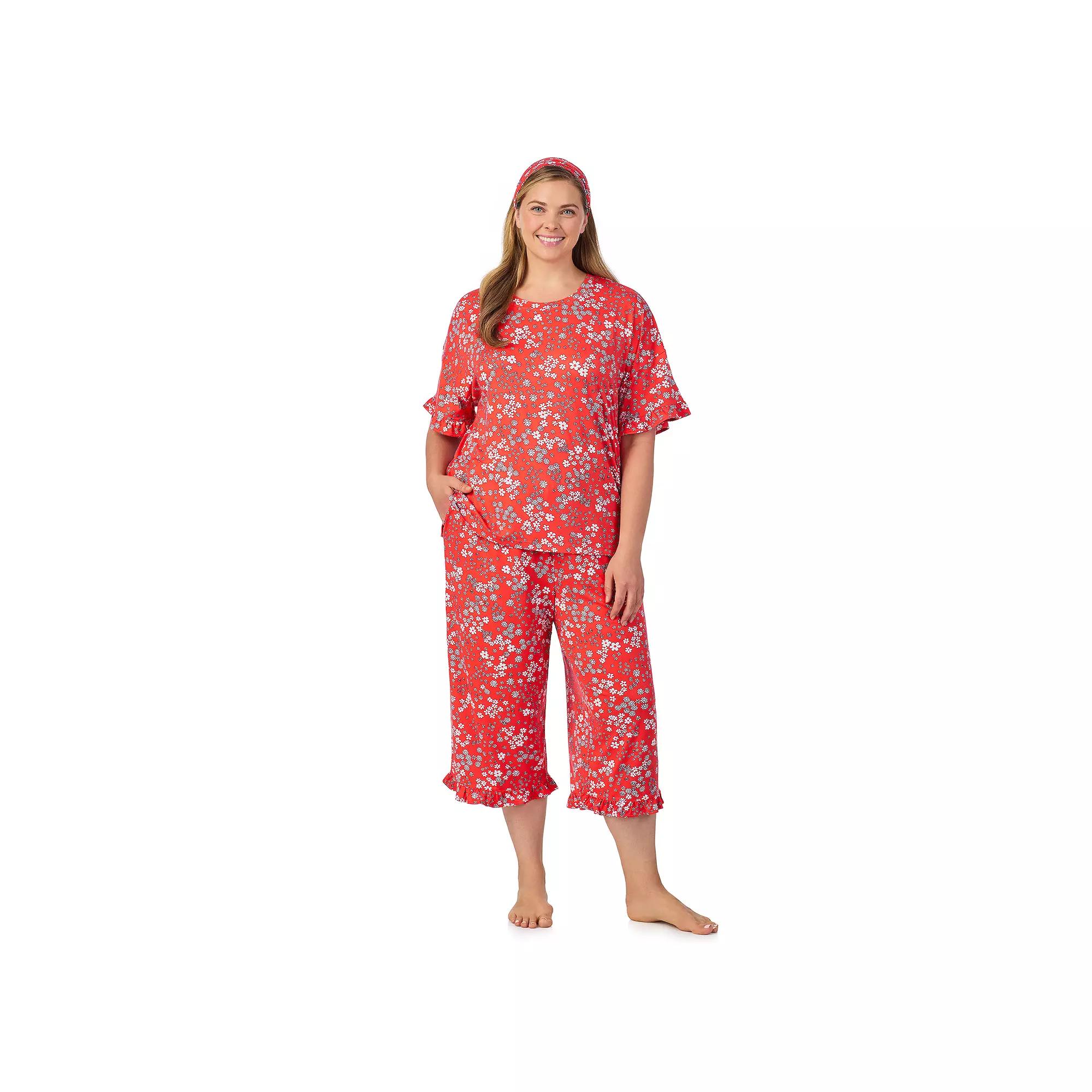 Plus Size Cuddl Duds® 3-Piece Short Sleeve Pajama Top, Cropped Pajama Pants & Headband Set, Women's, Size: 1XL, Pink Disty Product Image