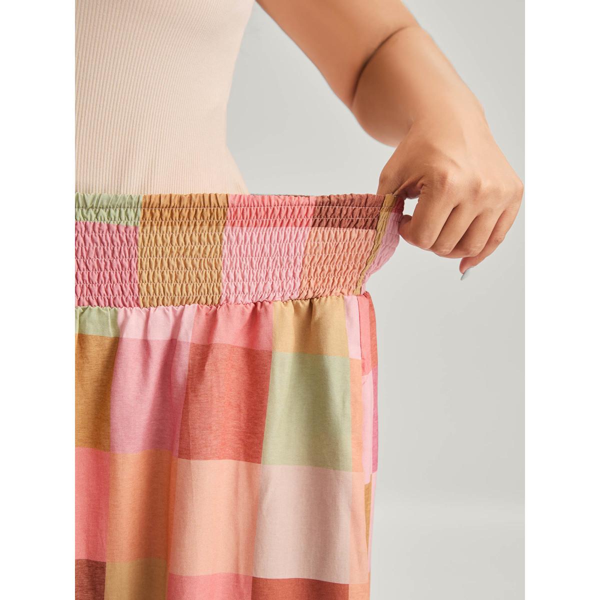 Plus Size Colorful Patchwork Shirred Waist Midi Skirt Women Nudepink Loose No stretch Side seam pocket Vacation Skirts BloomChic 18-20/2X Product Image