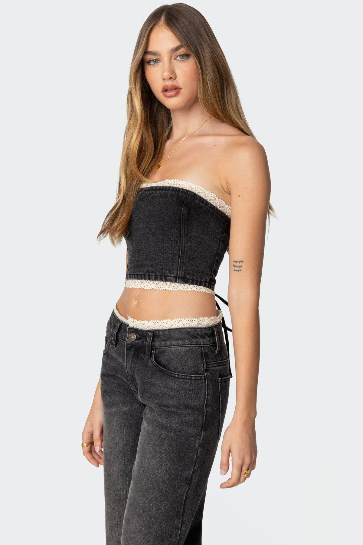 Karlie Lace Trim Denim Tube Top Product Image
