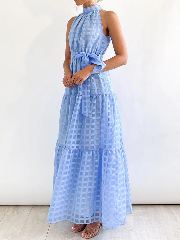 Loose Sleeveless Plaid Ribbed Stand Collar Maxi Dresses Product Image