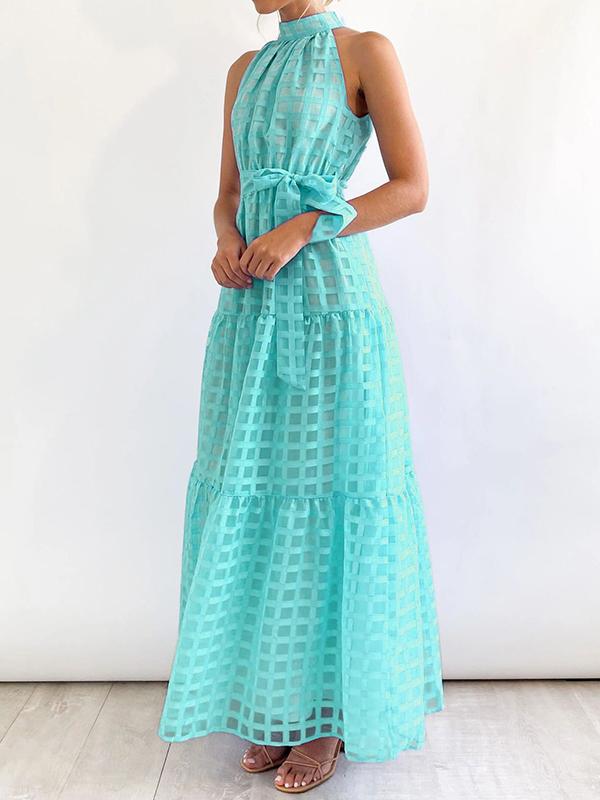 Loose Sleeveless Plaid Ribbed Stand Collar Maxi Dresses Product Image