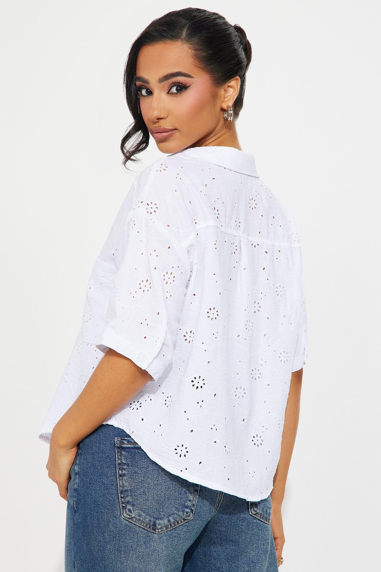 Life Is Breezy Short Sleeve Eyelet Shirt - White Product Image