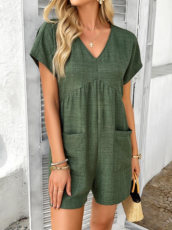 High Waisted Loose Backless Pockets Solid Color V-Neck Rompers Product Image