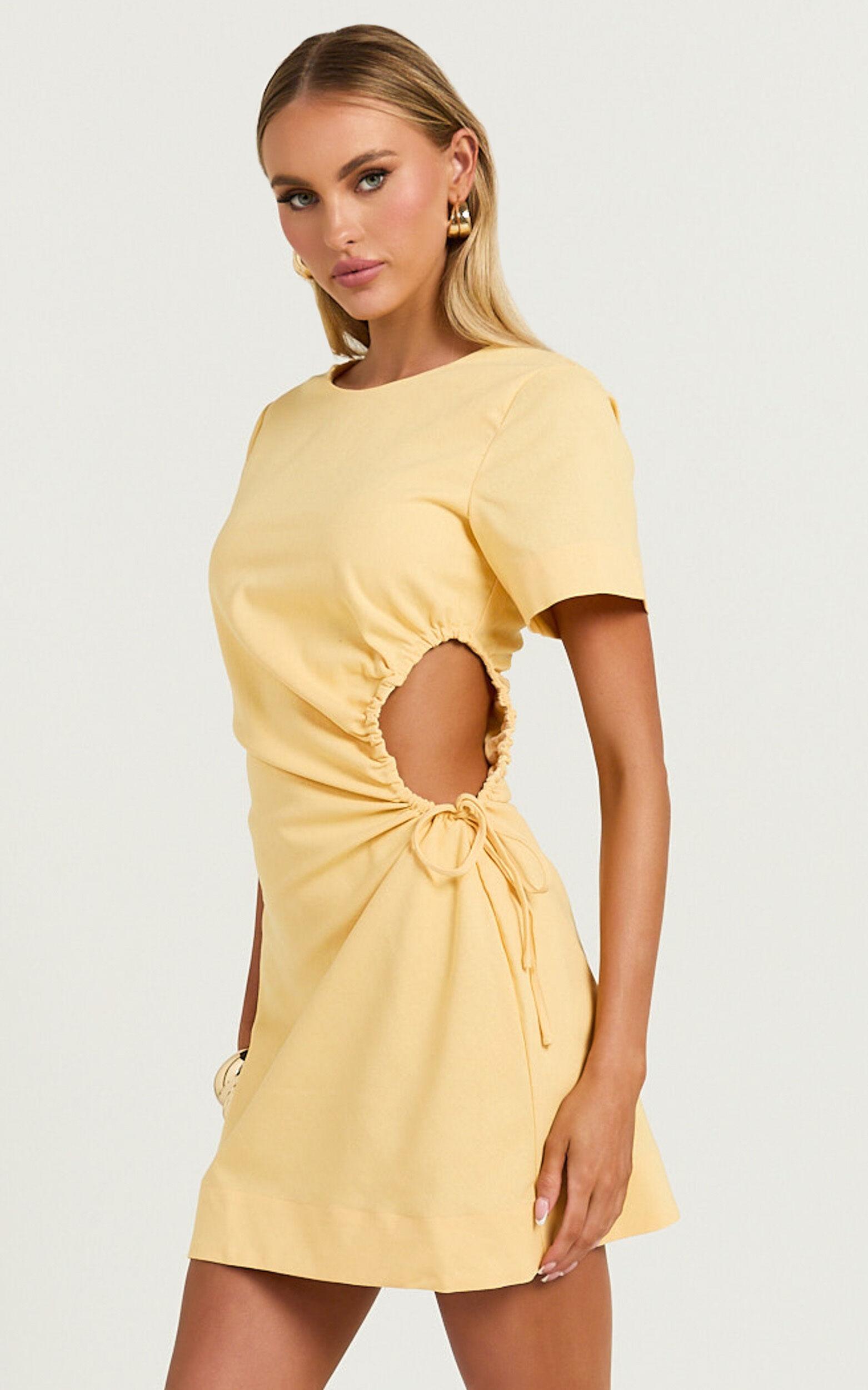Samira Mini Dress - Ruched Cut Out Linen Dress in Lemon Product Image