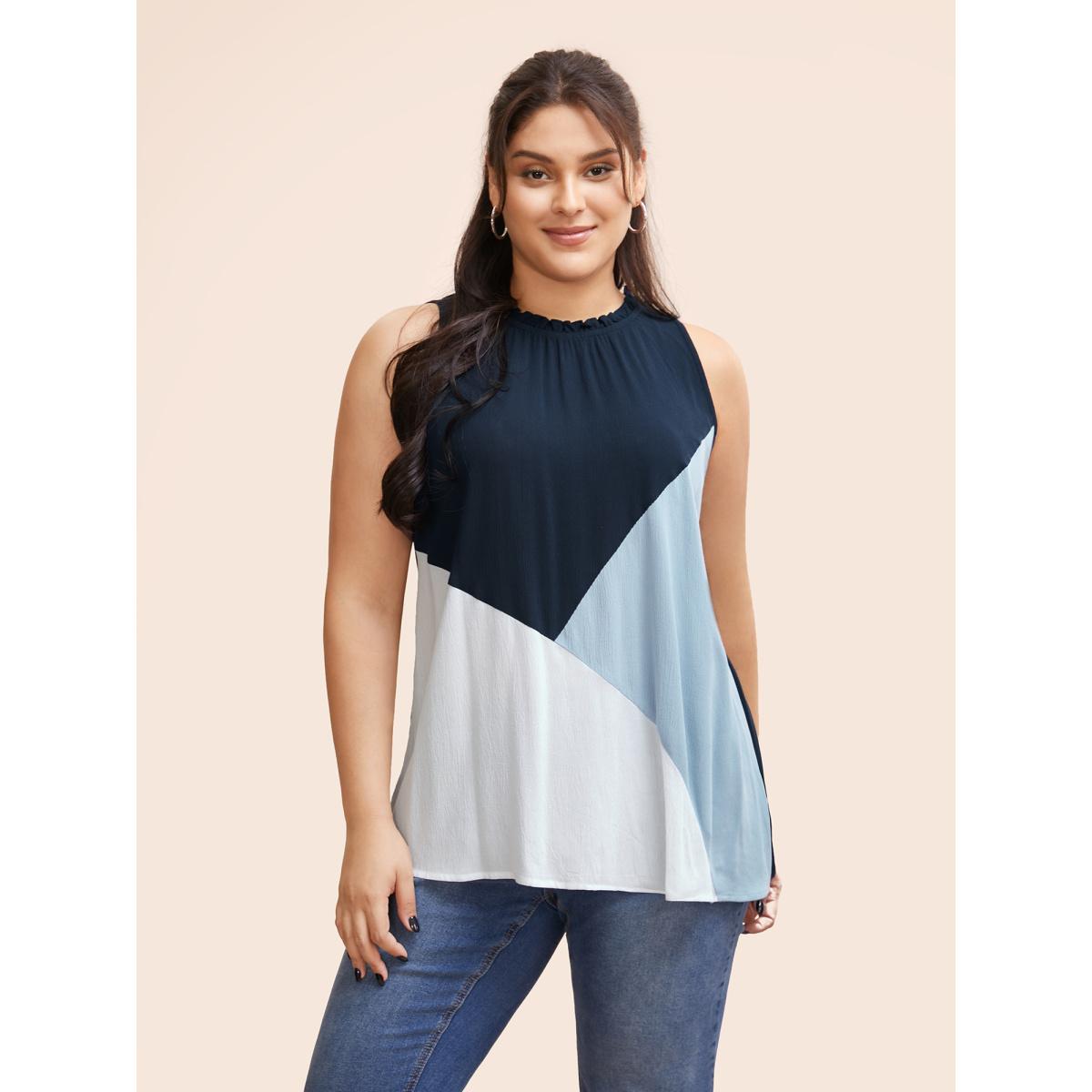 Plus Size Colorblock Contrast Frill Trim Gathered Tank Top Women DarkBlue Casual Contrast Mock Neck Everyday Tank Tops Camis BloomChic 30/6X Product Image
