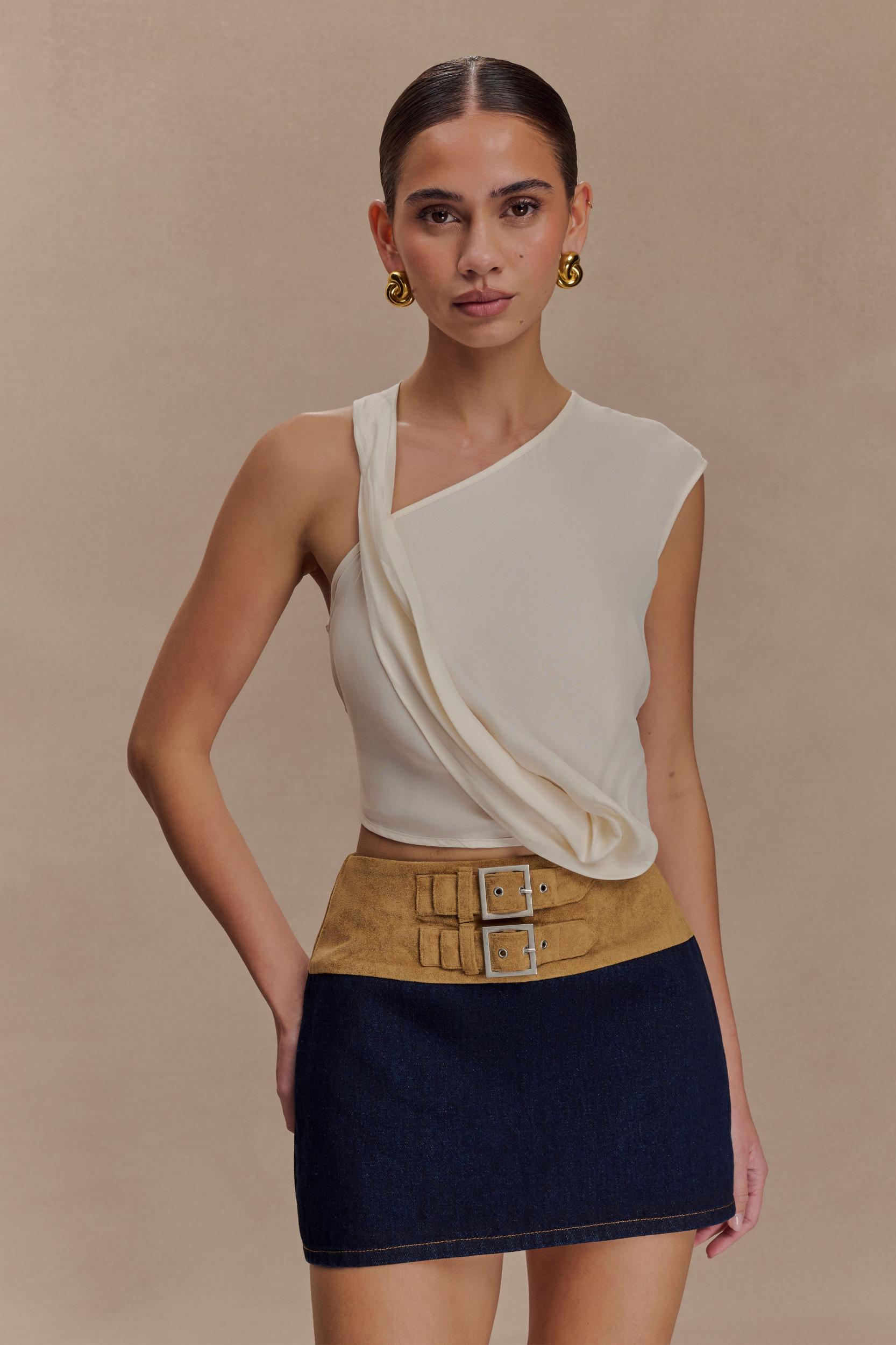 Miranda Faux Suede Belted Denim Mini Skirt - Indigo Blue Product Image