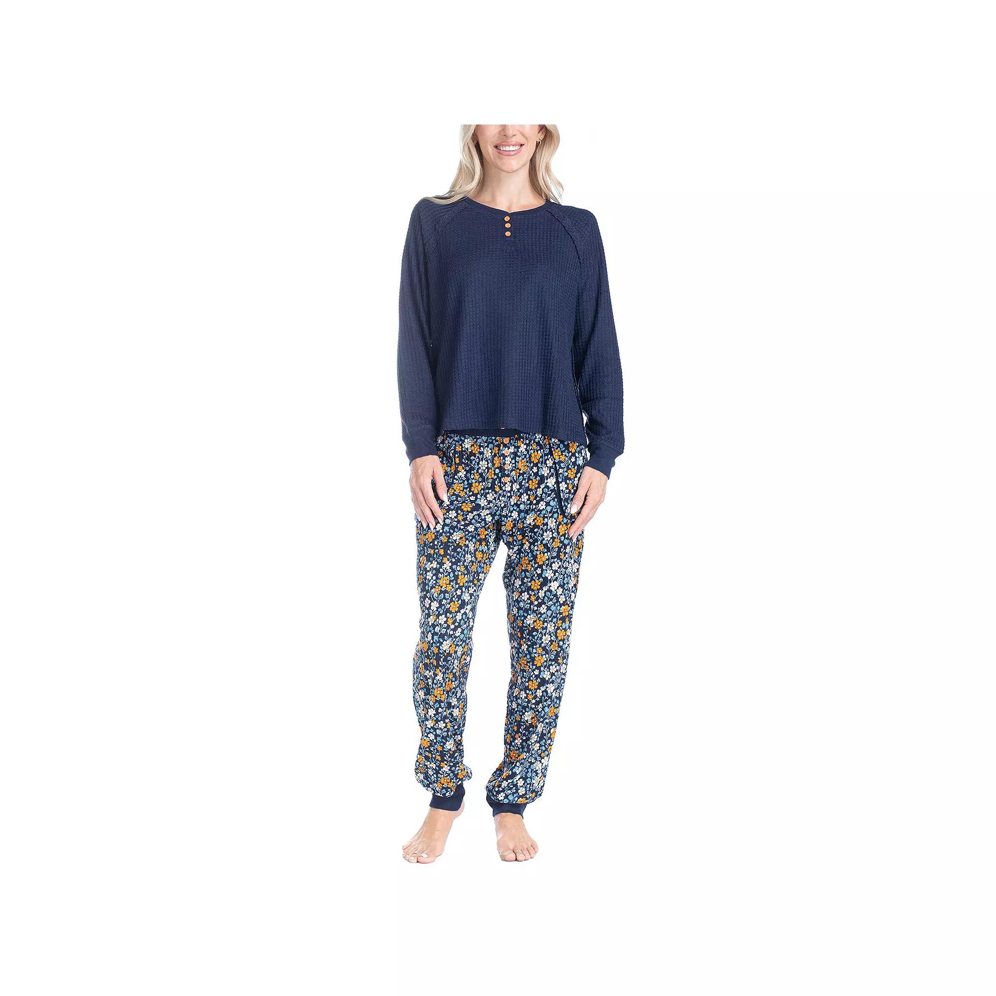 Women's Ocean Pacific® Waffle Knit Pajama Top & Pajama Bottoms Set, Size: Medium, Blue Floral Product Image