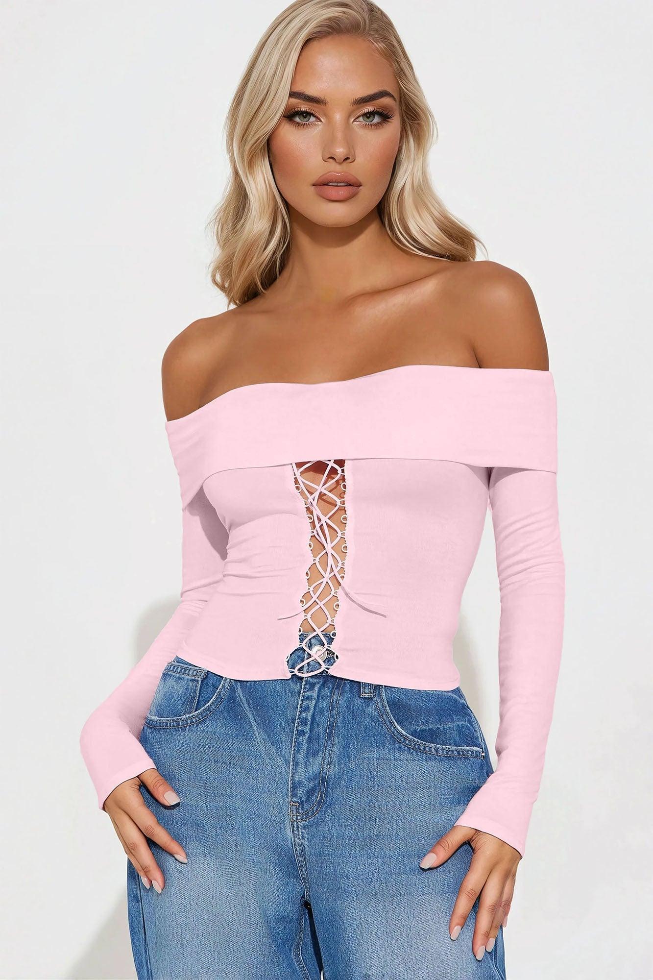 Royal Off Shoulder Lace Up Top - Pink Product Image
