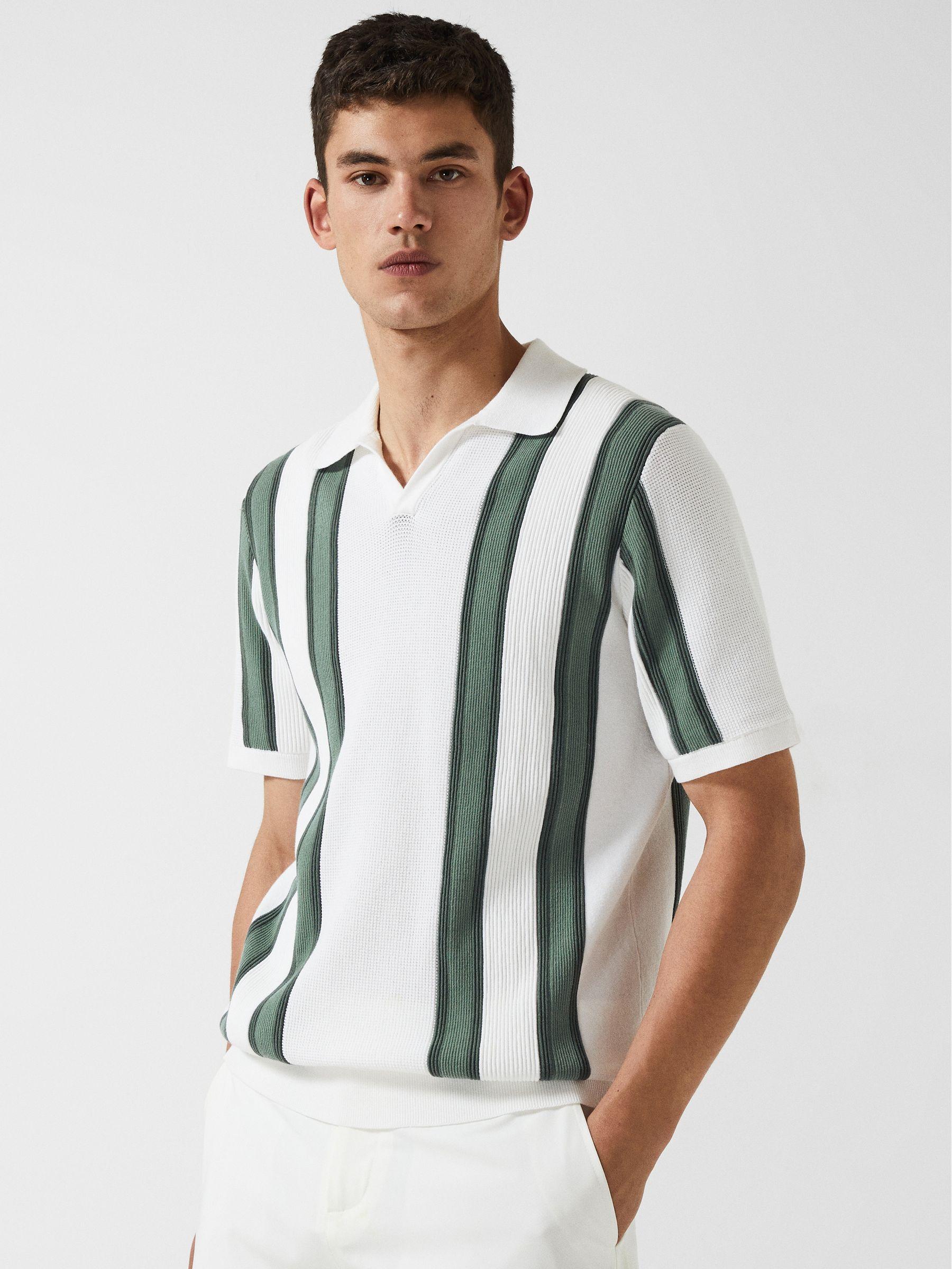 Open Collar Striped Polo T-Shirt in White/Sage Product Image