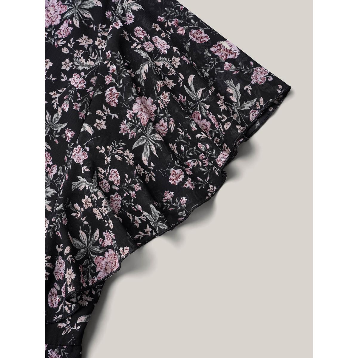 Plus Size Chiffon Floral Print Ruffled Midi Dress BlackFlower Women Romantic Ruffles Round Neck Short sleeve Curvy BloomChic 22-24/3X Product Image