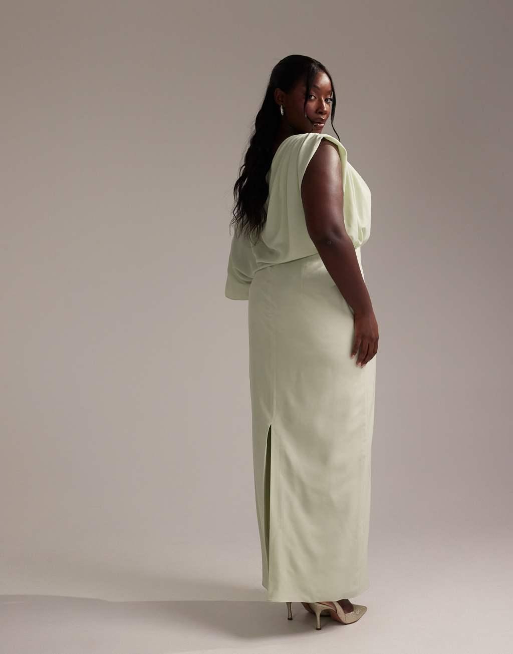 ASOS DESIGN Curve Bridesmaids crepe one shoulder draped maxi dress in light green Product Image