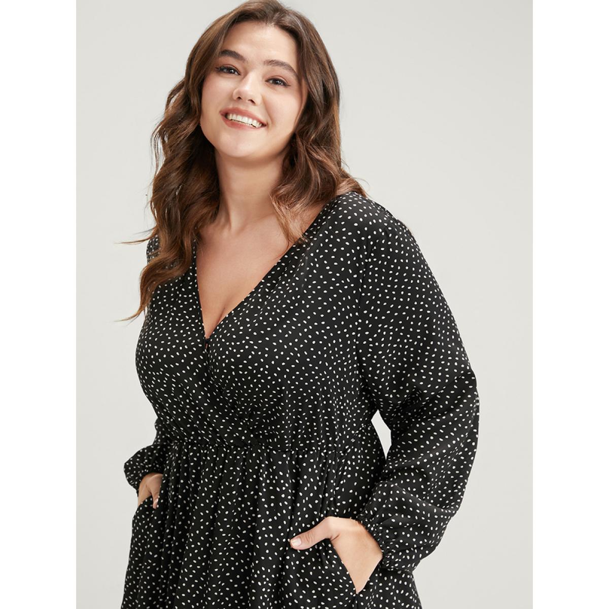 Plus Size Polka Dot Pocket Wrap Ruffles Tiered Dress Without Belt Black Women Elegant Elastic Waist V-neck Long Sleeve Curvy Long Dress BloomChic 12/L Product Image