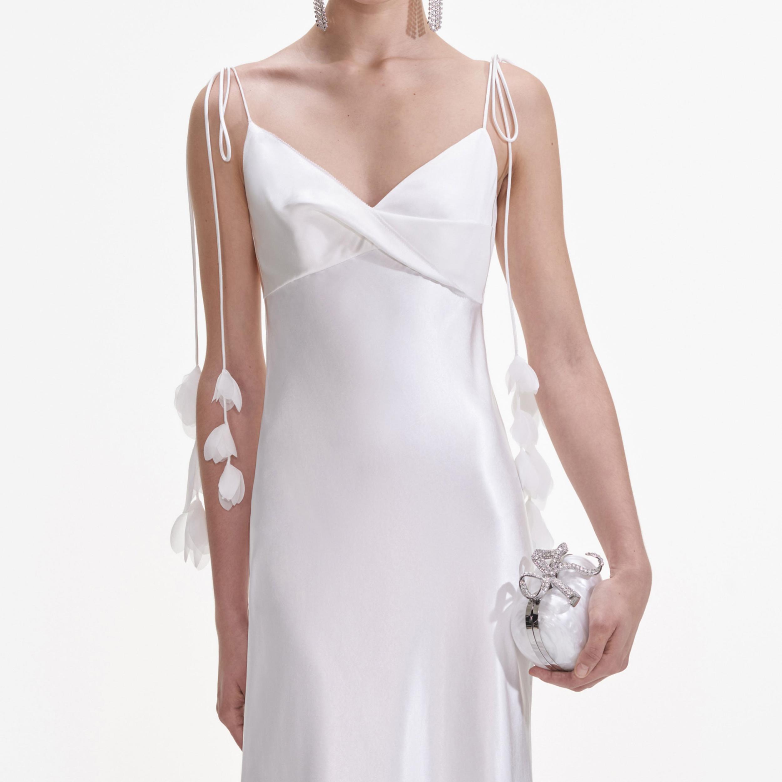 White Satin Flower Midi Dress Product Image