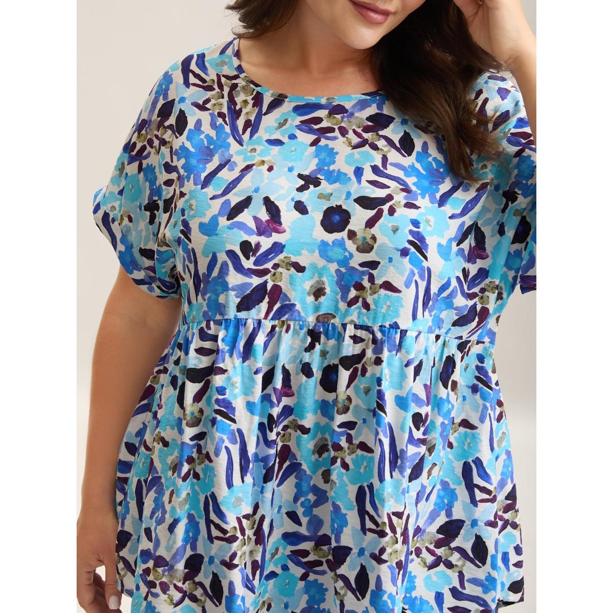 Plus Size LightBlue Fruit Print Curved Hem Batwing Sleeve Blouse Women Leisure Cap Sleeve Round Neck Casual Blouses BloomChic 30/6X Product Image