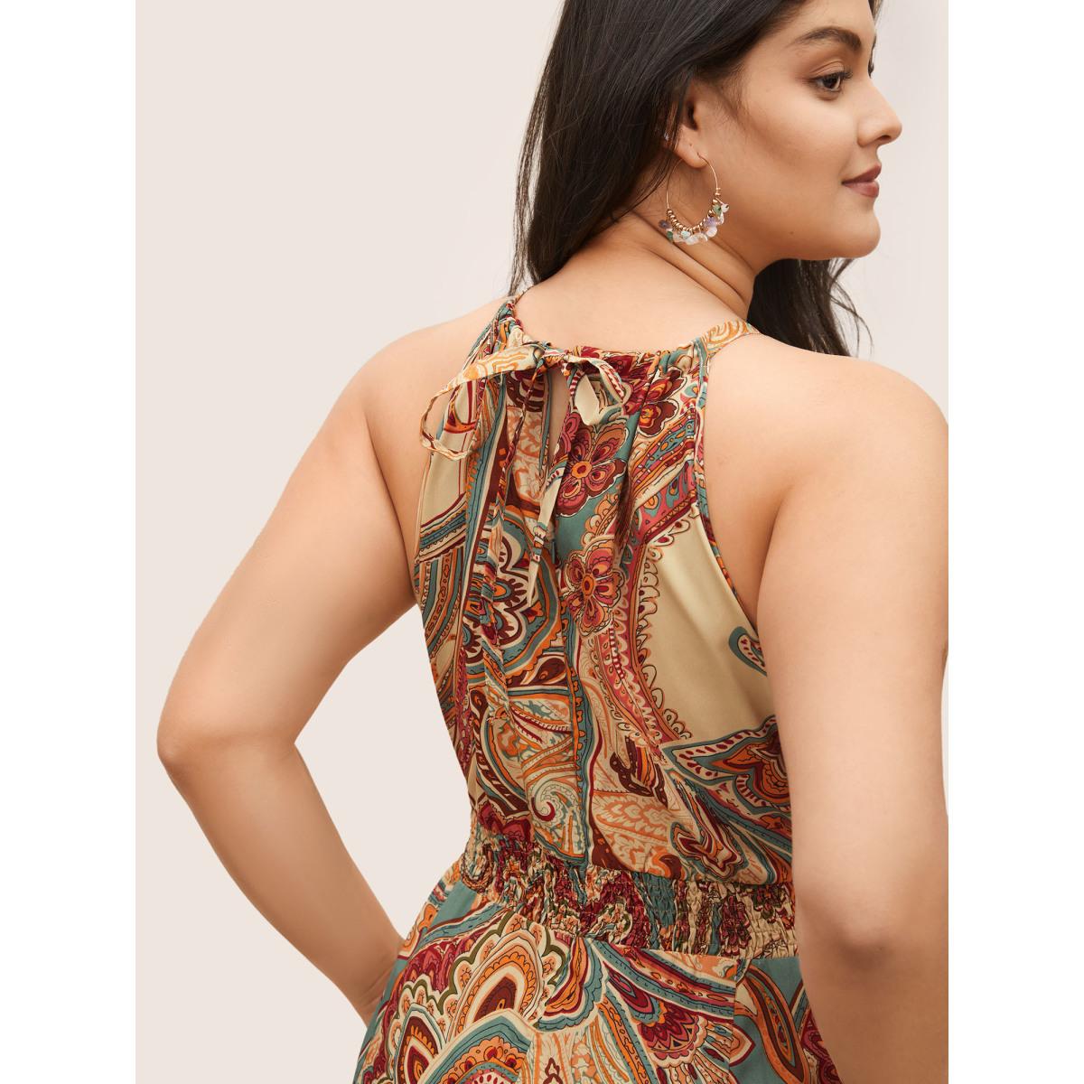 Plus Size Emerald Paisley Print Halter Shirred Elastic Waist Jumpsuit Women Resort Sleeveless Halter neck Vacation Loose Jumpsuits BloomChic 30/6X Product Image
