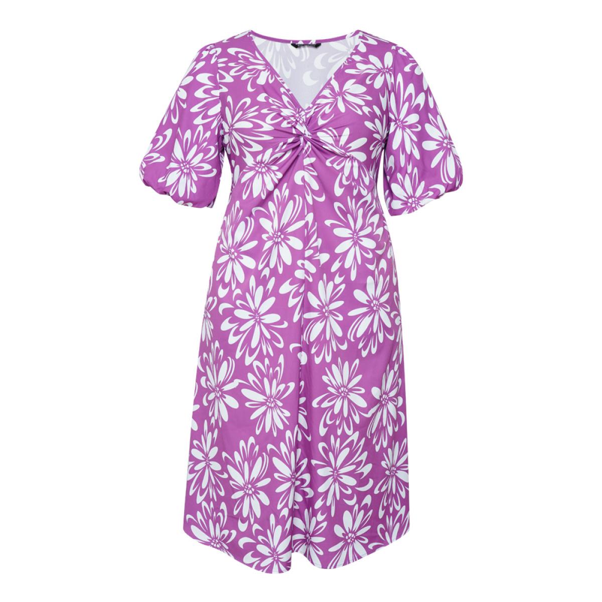 Plus Size Floral Print Puff Sleeve Pocket Twist Front Dress Lilac Women Elegant V-neck Short sleeve Curvy Midi Dress BloomChic 22-24/3X Product Image
