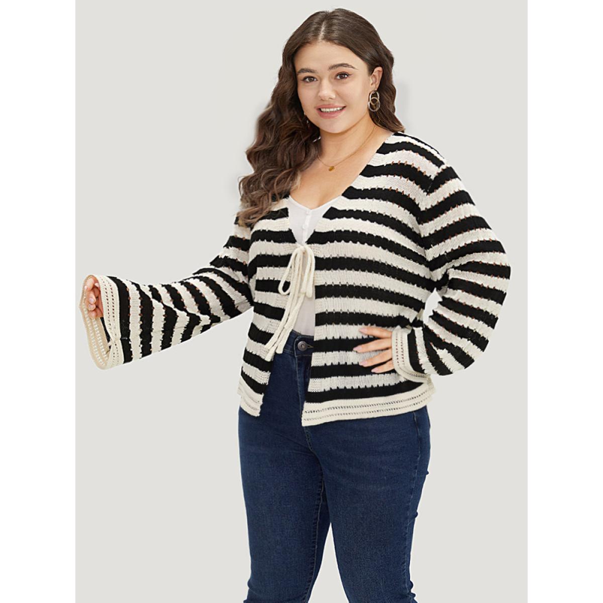 Plus Size Striped Ties Front Eyelet Lace Cardigan Black Women Casual Loose Long Sleeve Dailywear Cardigans BloomChic 26/4X Product Image