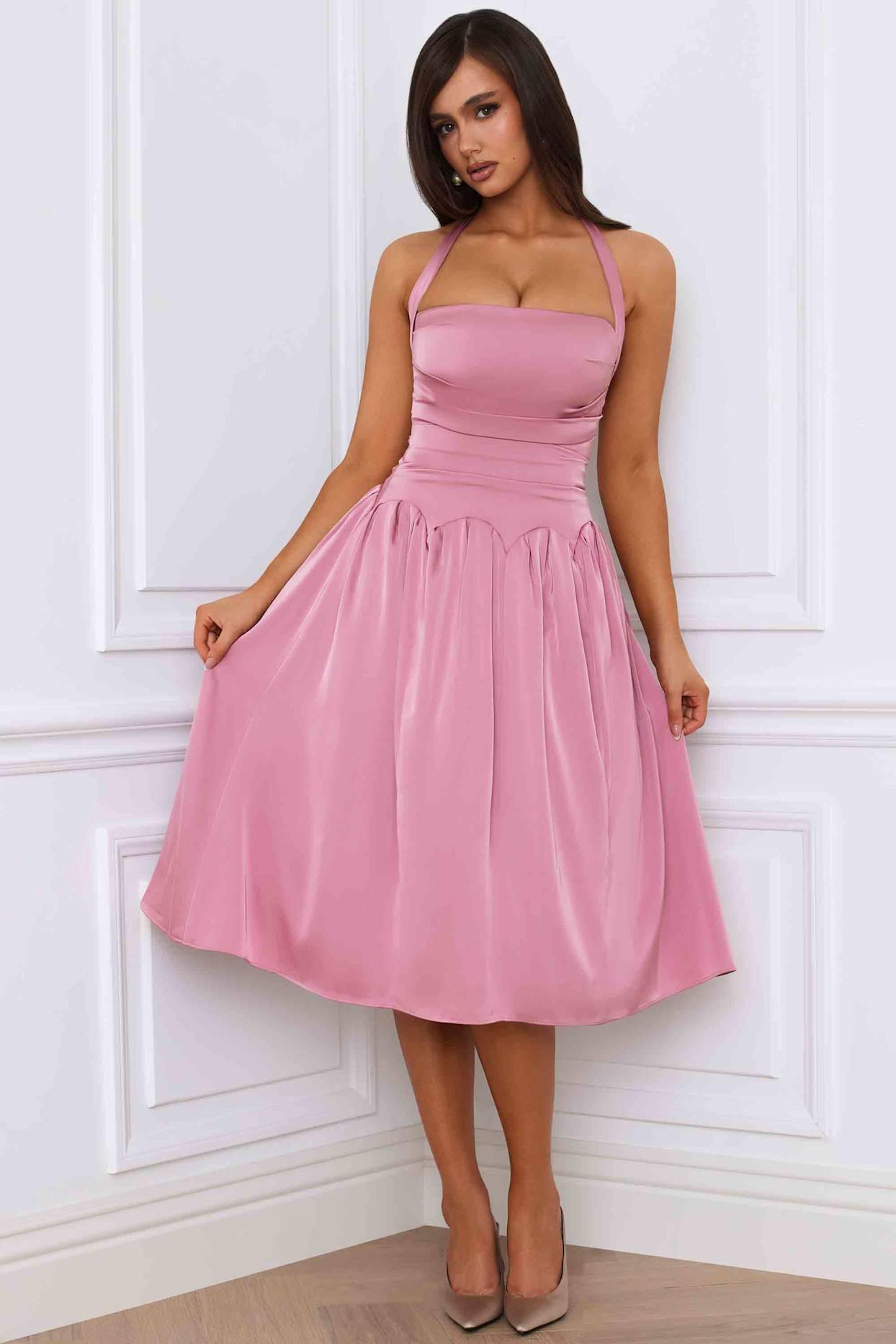 Halterneck Lace-Up Ruched Corset Midi Dress in Mauve Product Image