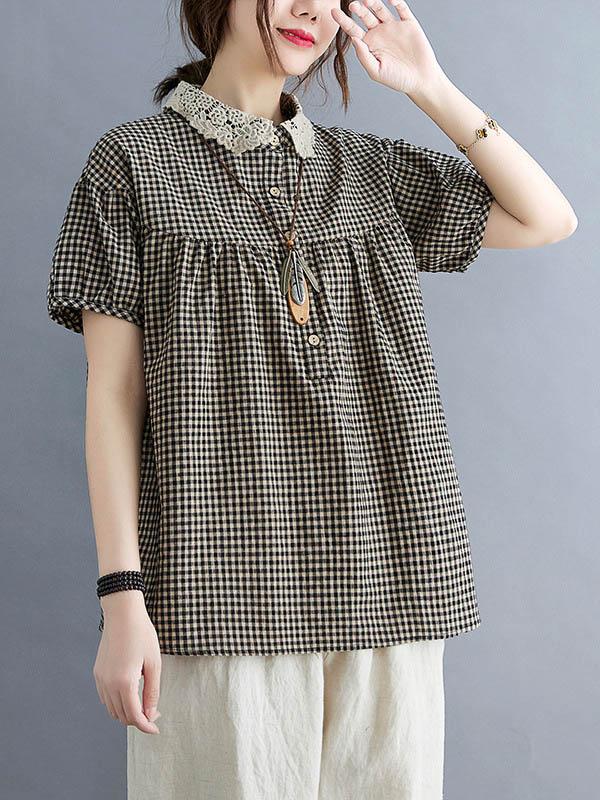 Cotton Blend Plaid Polo Puff Sleeve T-Shirts Tops Product Image