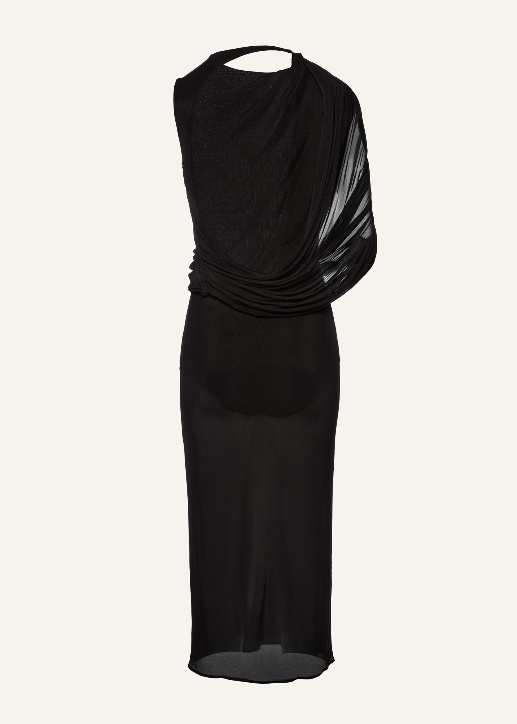 Asymmetrical draped midi dress in black Product Image