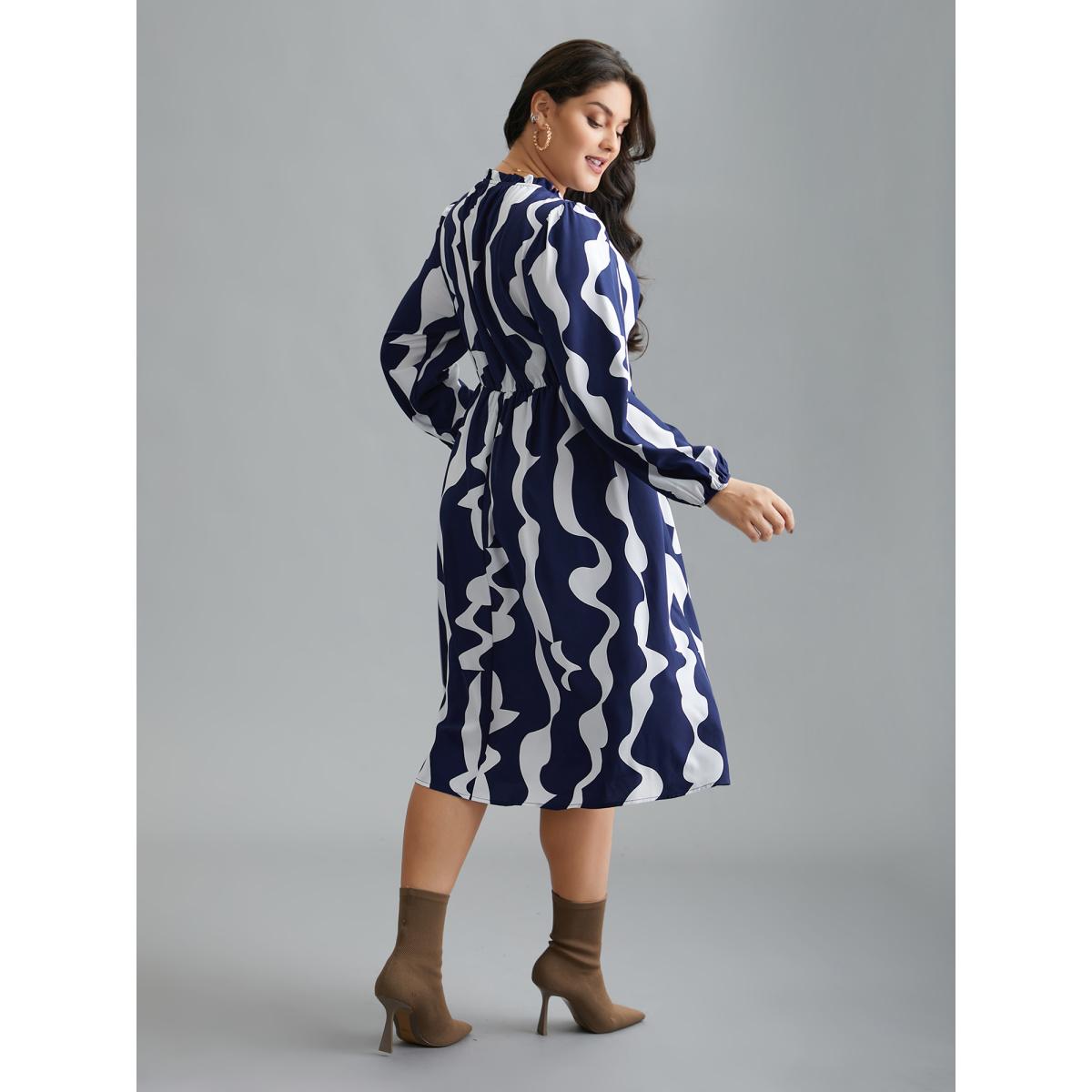 Plus Size Round Neck Color Contrast Frill Trim Dress Navy Women Elegant Frill Trim Round Neck Long Sleeve Curvy BloomChic 18-20/2X Product Image