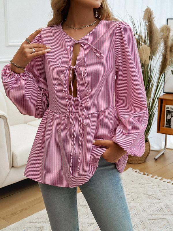 Long Sleeves Loose Elasticity Pleated Striped Tied Round-Neck Blouses&Shirts Tops Product Image
