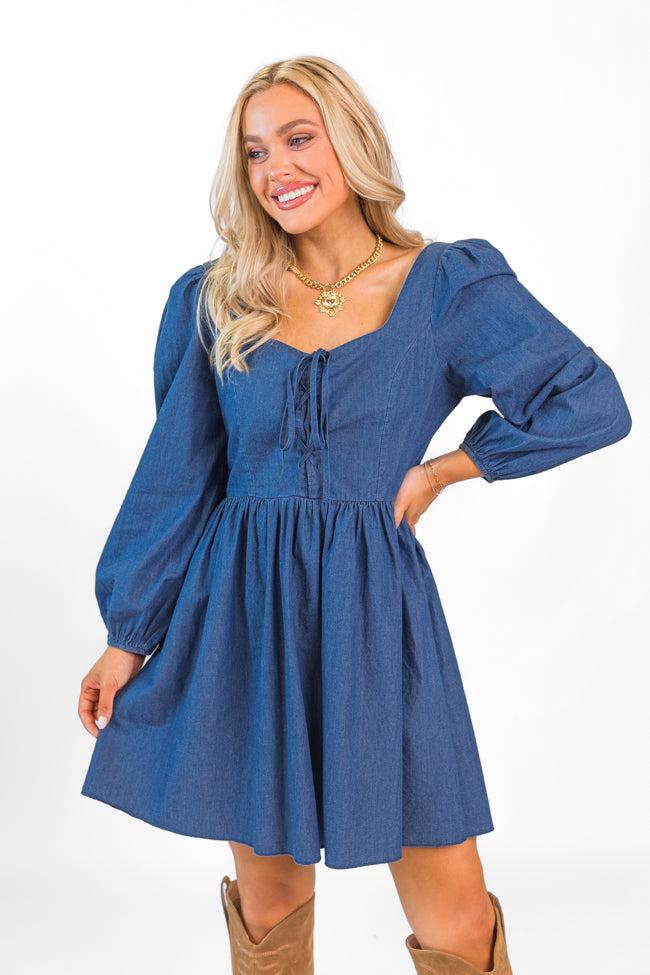 Up To Me Medium Wash Lace Up Detail Chambray Dress FINAL SALE Product Image