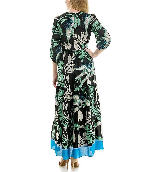 Moda Tara V-Neck 3/4 Sleeve Printed Faux Wrap Maxi Dress Product Image