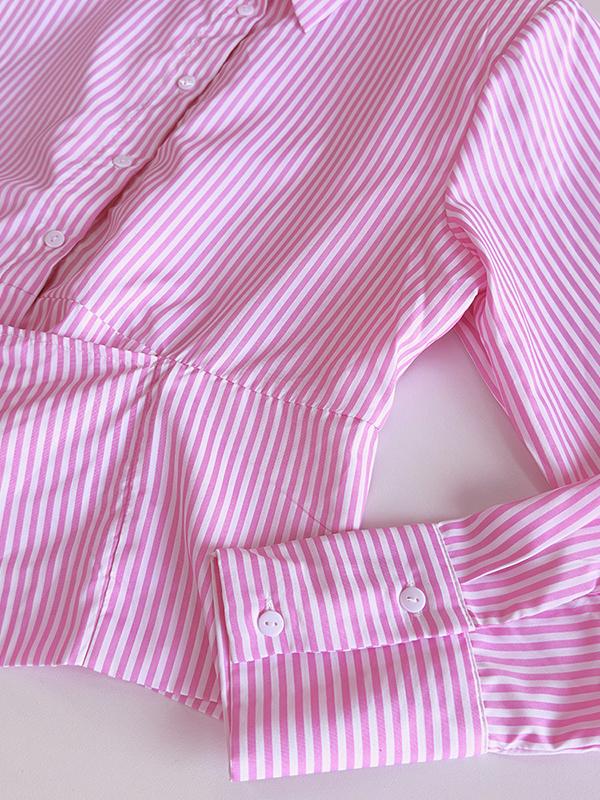 Long Sleeves Loose Asymmetric Split-Joint Striped Lapel Blouses Product Image