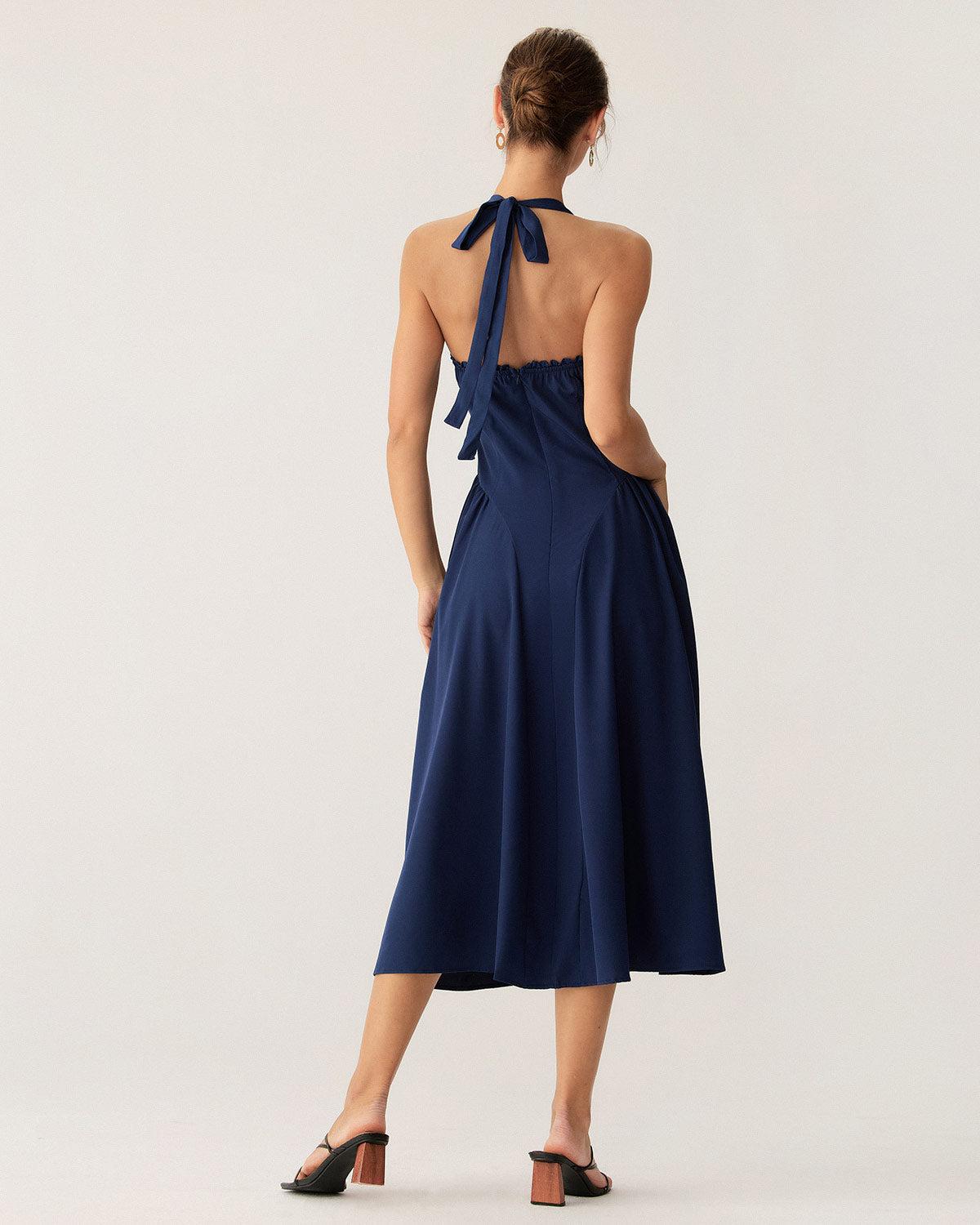 Navy Ruched Halter Midi Dress Product Image