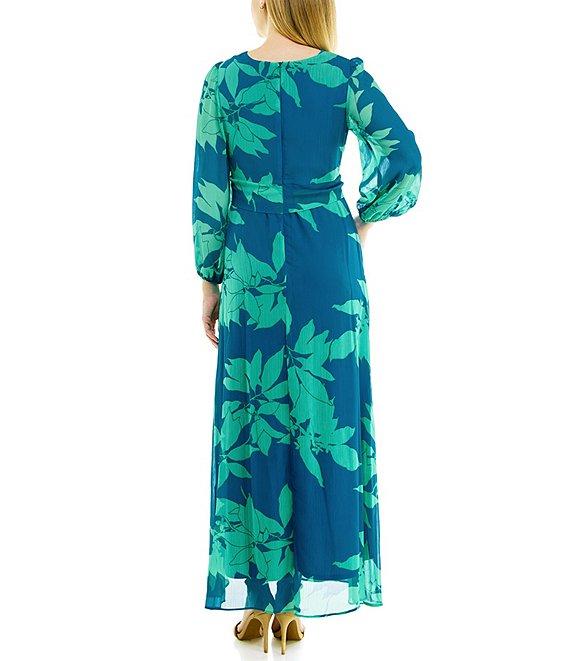 Maison Tara Long Sleeve V-Neck Front Twist 3/4 Sleeve Chiffon Empire Waist Maxi Dress Product Image