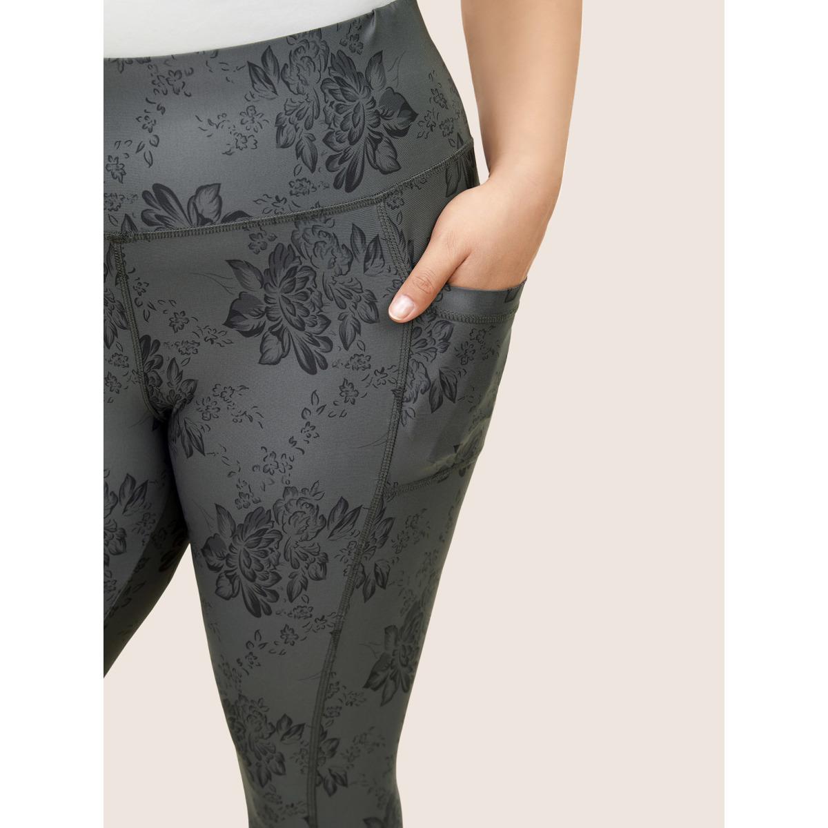 Plus Size Floral Print Elastic Waist Pocket Side Leggings Women DimGray Elegant High stretch High Rise Everyday Leggings BloomChic 10/M Product Image