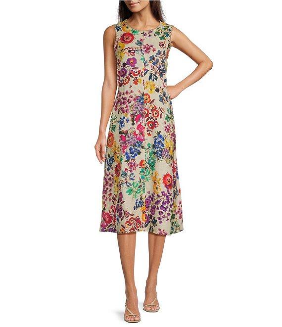 JOHNNY WAS Mixed Floral Printed Linen Crochet Trim Detail Round Neck Sleeveless A-Line Midi Dress Product Image