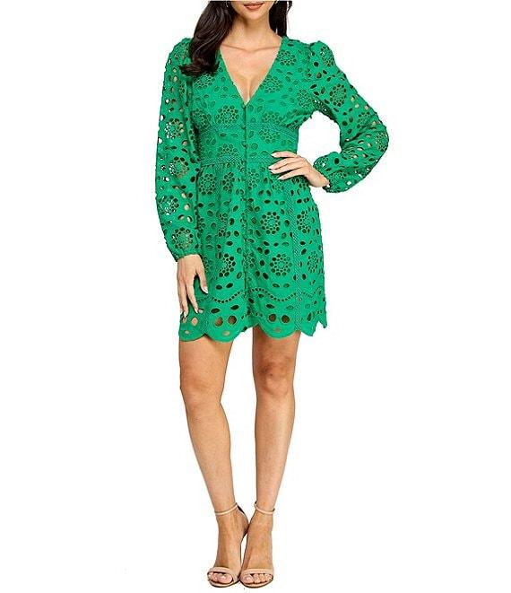 Layered With Love Kris Cotton Eyelet Knit V-Neck Long Sleeve Trim Detail Fit & Flare Dress Product Image