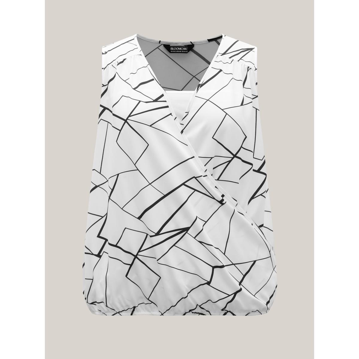Plus Size Abstract Print Wrap Curvy Hem Tank Top Women Ivory Overlapping V-neck Work Tank Tops Camis BloomChic 18-20/2X Product Image