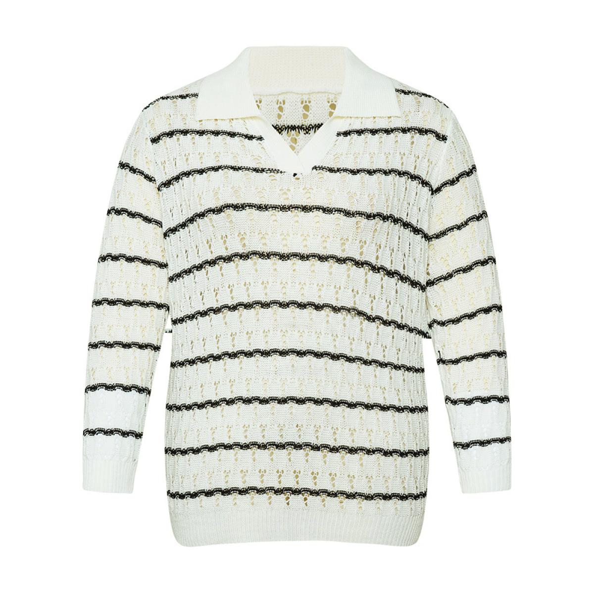 Plus Size Striped Hollow Out Lapel Collar Pullover Beige Women Casual Bodycon Long Sleeve Lapel Collar Dailywear Pullovers BloomChic 18-20/2X Product Image