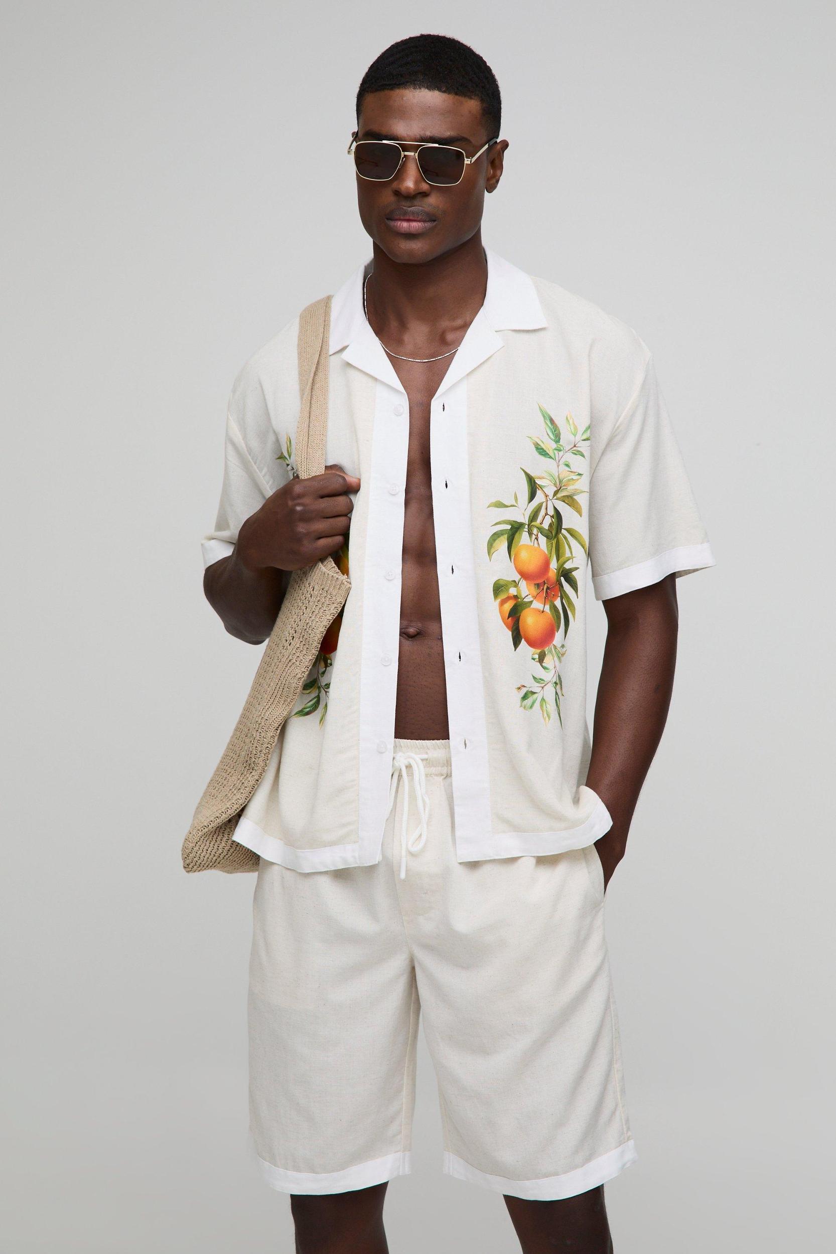 Oversized Orange Graphic Linen Blend Shirt & Relaxed Short Set | boohooMAN USA Product Image