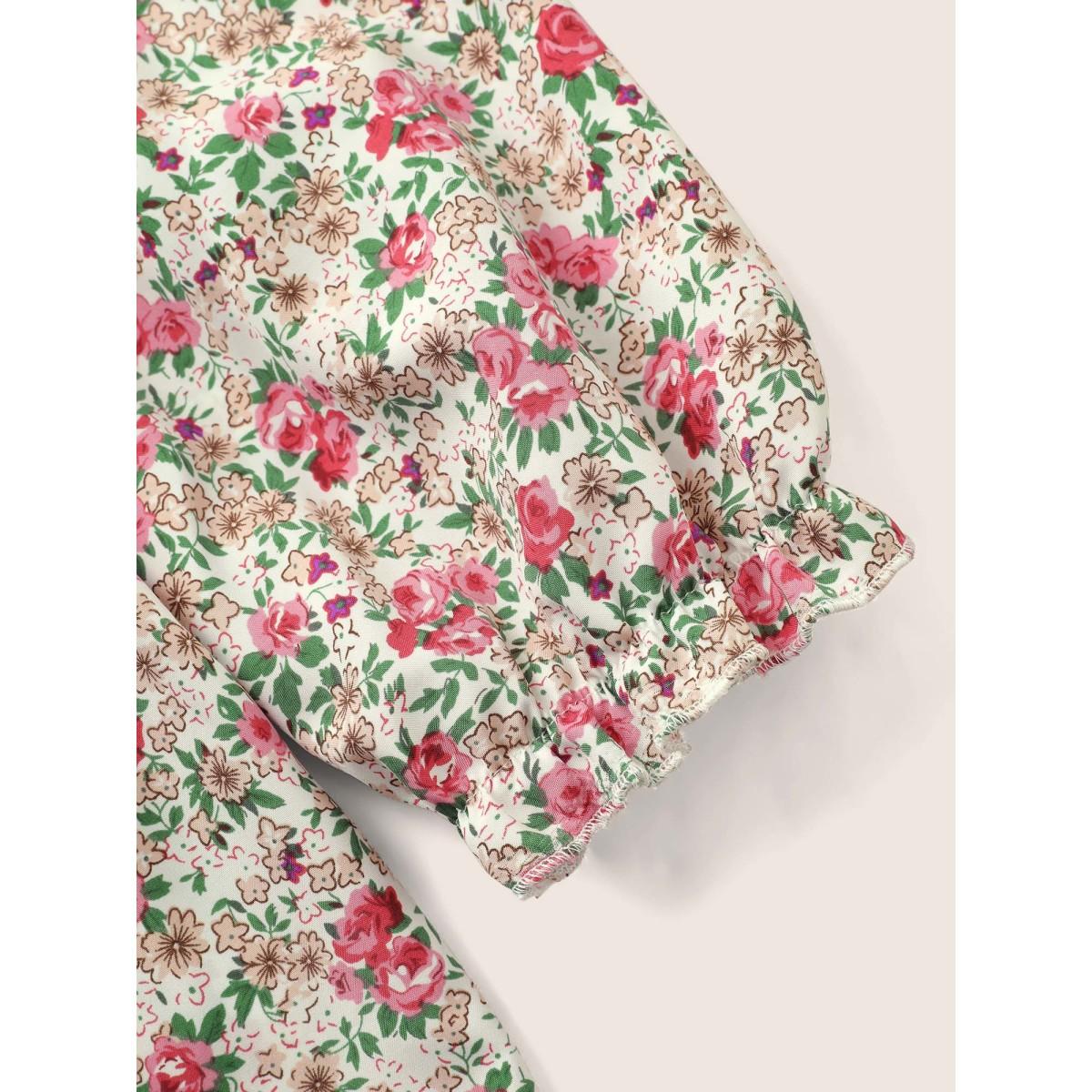 Plus Size Multicolor Ditsy Floral Notched Gathered Ruffles Blouse Women Elegant Elbow-length sleeve Notched collar Everyday Blouses BloomChic 14-16/1X Product Image