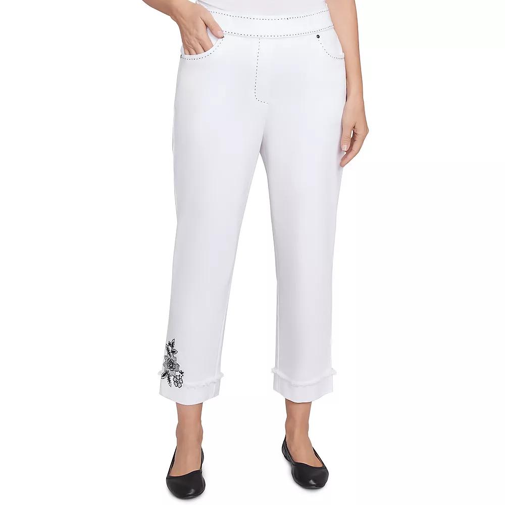 Women's Alfred Dunner Floral Embroidered Denim Cuffed Ankle Pants, Size: 14, White Product Image