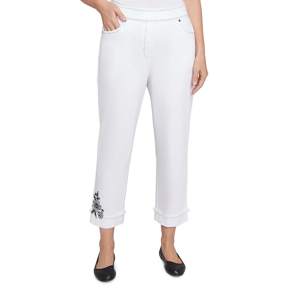 Women's Alfred Dunner Floral Embroidered Denim Cuffed Ankle Pants, Size: 14, White Product Image