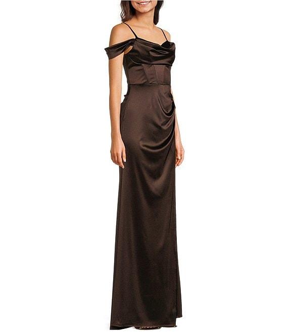 B. Darlin Off-The-Shoulder Corset Wrap Side Slit Long Dress Product Image