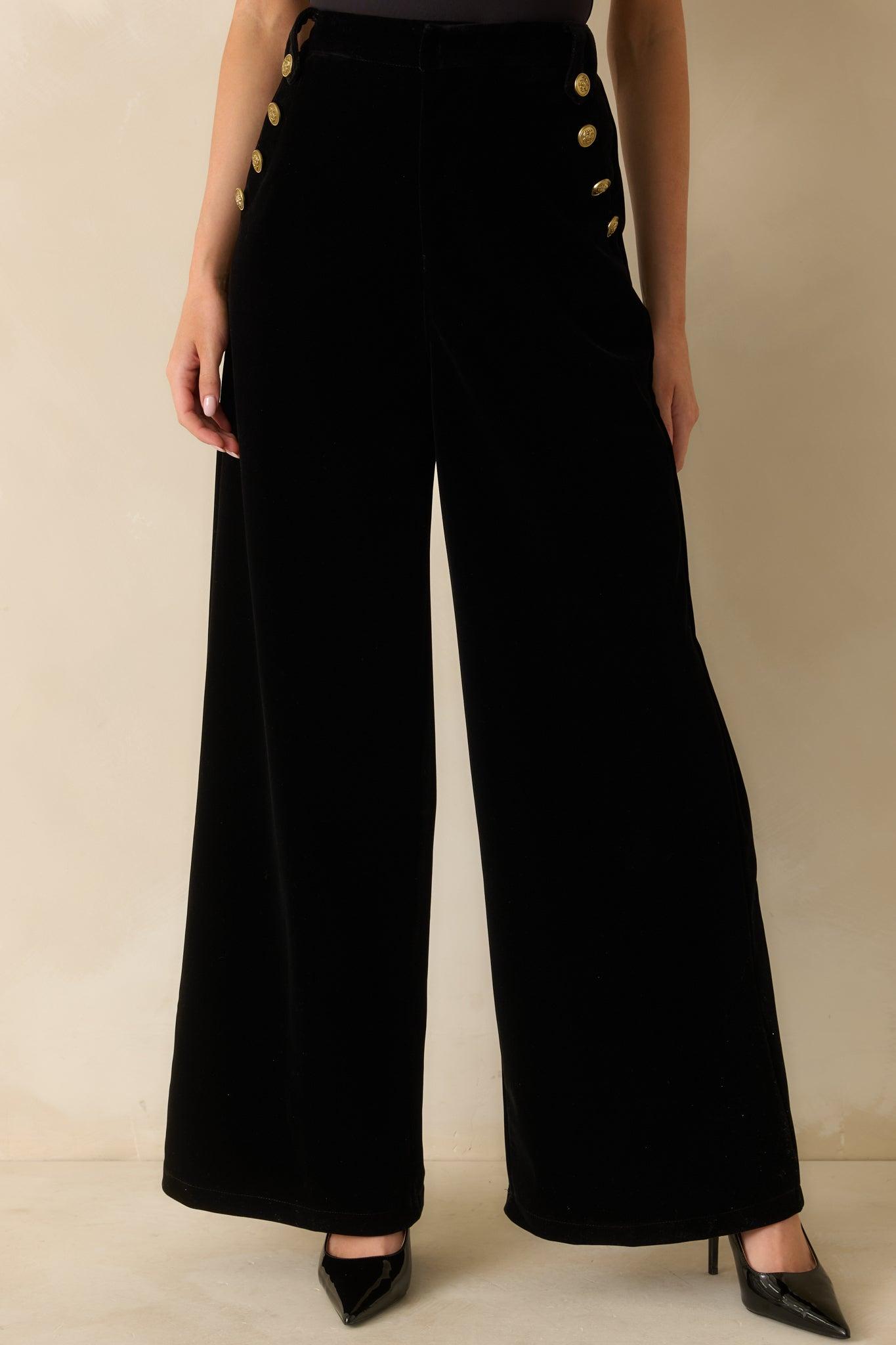 The Sleek Standard Black Velvet Button Accent Wide Leg Pants Product Image
