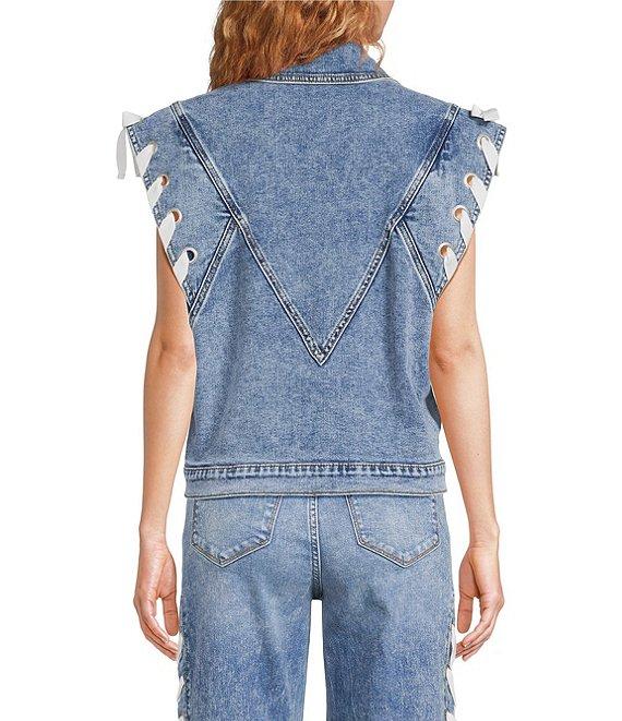 Driftwood Stretch Denim Rounded Collar Lace Bow Vest Product Image