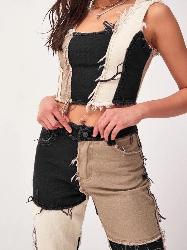 Pastel Patchwork Denim Boyfriend Jeans Product Image